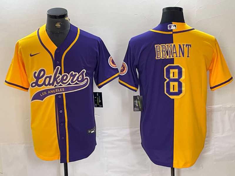 Mens Los Angeles Lakers #8 Kobe Bryant Gold Purple Split Stitched Baseball Jersey